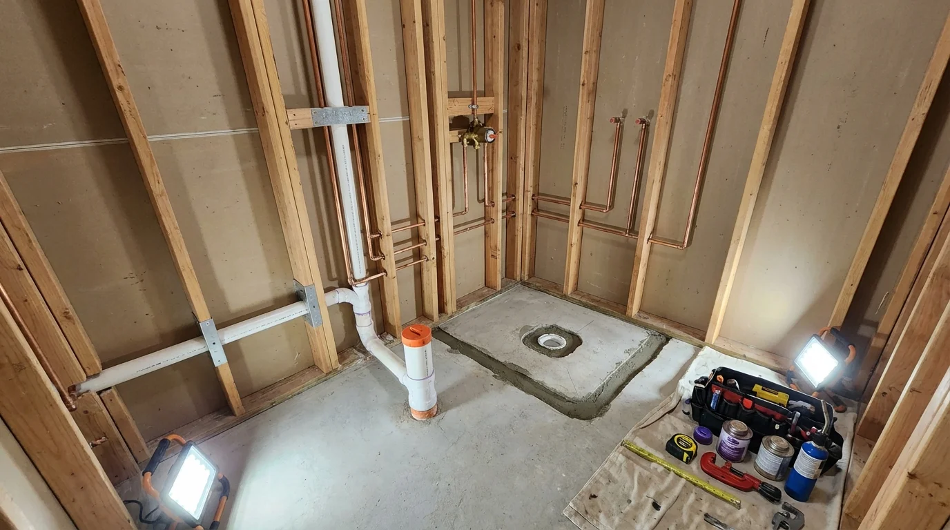 Bathroom rough-in plumbing during remodel by Johns Plumbing LLC in Nephi