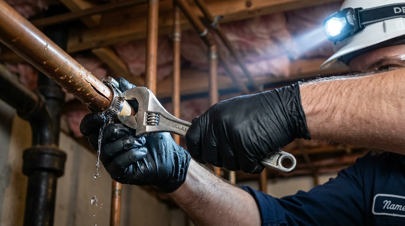Emergency pipe clamp repair being performed by a Johns Plumbing LLC plumber in Nephi