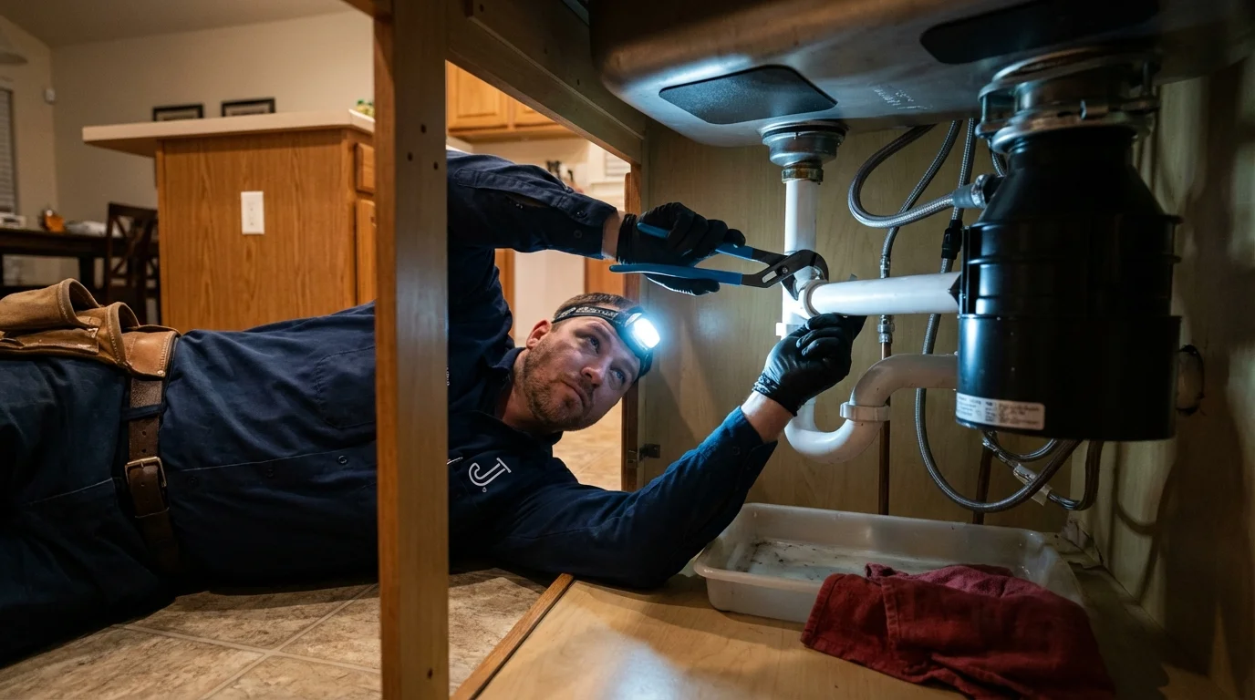 P-trap and supply line connections under a kitchen sink showing a common leak point in Nephi, UT